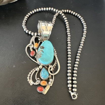 Navajo Kingman Turquoise | Spiny Oyster Necklace Pendant | Sterling Silver | Multi-Stone | 15950
