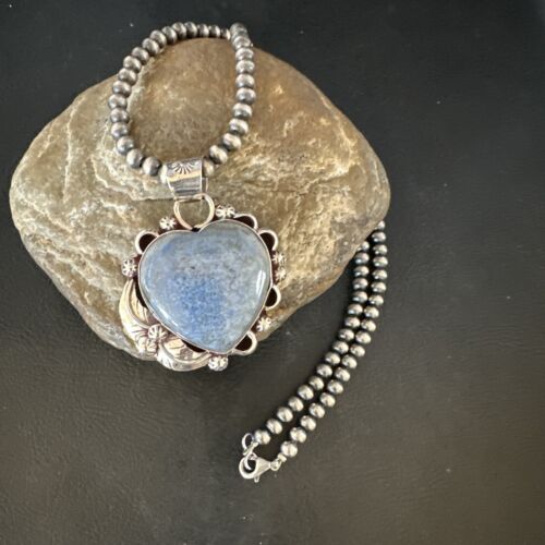 Men's Blue Heart Denim Lapis Pendant Necklace | Navajo Pearls | Sterling Silver | 15524