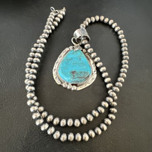 Men's Blue Kingman Turquoise Pendant Necklace | Navajo Pearls | Sterling Silver | 16021