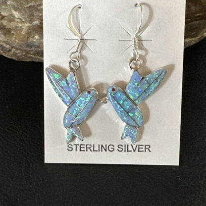 Navajo Blue Opal Hummingbird Earrings | Sterling Silver | 1" | Authentic Native American Handmade | 15088