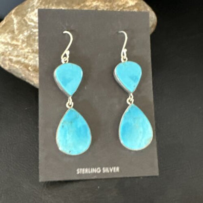 Navajo Blue Kingman Turquoise Dangle Earrings | Sterling Silver | Authentic Native American Handmade | 15108