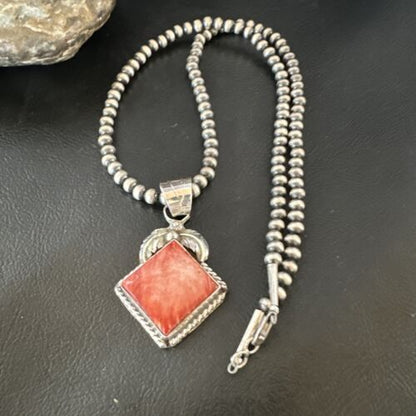 Navajo Red Spiny Oyster Pendant Necklace | Sterling Silver | Authentic Native American Handmade | 16144