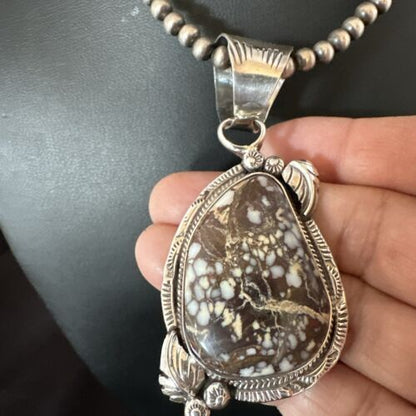 Navajo Wild Horse Turquoise Pendant Necklace | Sterling Silver | Authentic Native American Handmade | 17474