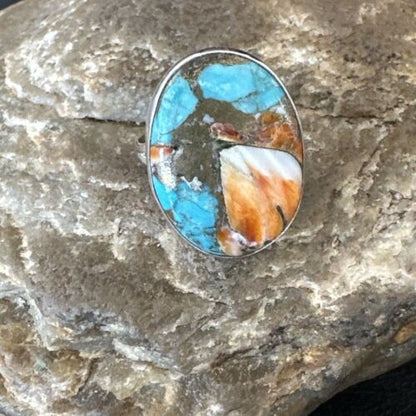 Navajo Turquoise Spiny Oyster Ring | Sterling Silver | Sz 8 | Authentic Native American Handmade | 16622