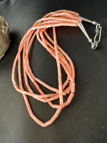 Navajo Pink Coral Tube Heishi Bead Necklace | 5-Strand Sterling Silver | 18" | Authentic Native American Handmade | 15278 - Masha USA