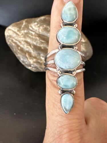 Navajo Blue Larimar Cluster Ring | Authentic Native American Sterling Silver | Multi-Stone | Sz 7 | 16156