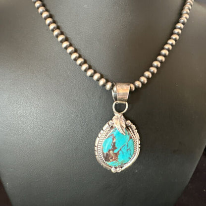 Navajo Blue Kingman Turquoise Pendant Necklace | Sterling Silver | Native American Handmade | 16023