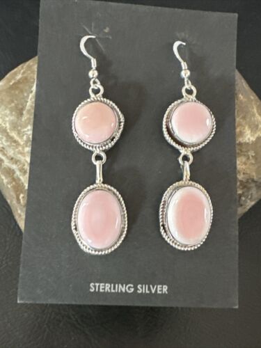 Navajo Pink Conch Shell Dangle Earrings | Sterling Silver | Authentic Native American Handmade | 17200