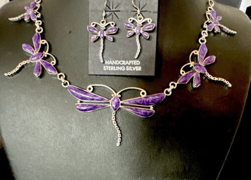 Navajo Dragonfly Purple Sugilite Necklace and Earrings Set | Sterling Silver | Native American Handmade | 16257