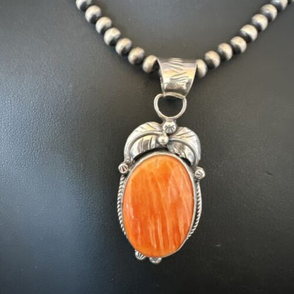 Navajo Orange Spiny Oyster Pendant Necklace | Sterling Silver | Authentic Native American Handmade | 15627