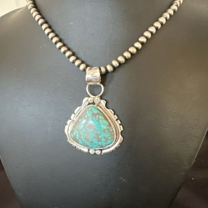 Navajo Men's Blue Turquoise #8 Pendant Necklace | Sterling Silver | Authentic Native American Handmade | 17123