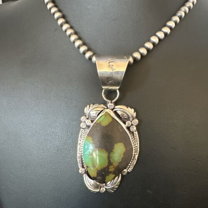 Men's Navajo Green Turquoise Pendant Necklace | Sterling Silver | Authentic Native American Handmade | 17526