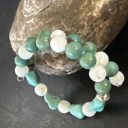 Turquoise Memory Wire Bracelet | Stainless Steel | Mother of Pearl Beads | 7" | 17629
