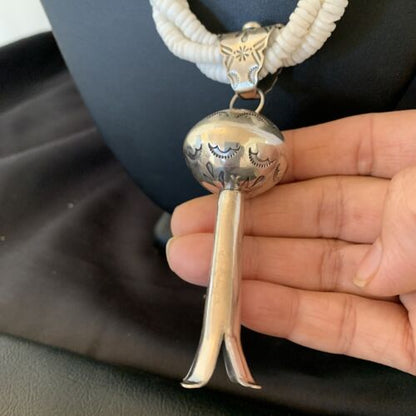 Navajo White Shell Blue Turquoise Necklace with Naja Pendant | Sterling Silver | 4" | 10955