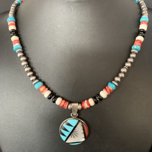 Zuni Multi-Color Turquoise Onyx Necklace with Inlay Pendant | Sterling Silver | 13565