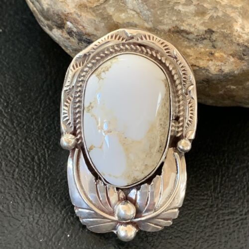 Navajo White Buffalo Turquoise Ring | Sterling Silver | Sz 8 | Authentic Native American Handmade | 01961