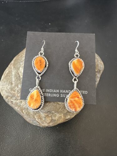 Navajo Orange Spiny Oyster Dangle Earrings | Sterling Silver | 1.5" | Authentic Native American Handmade | 16574