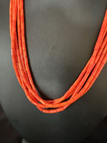 Orange Coral Tube Heishi Bead Necklace | 5 Strand Navajo Sterling Silver | 18" | 15280