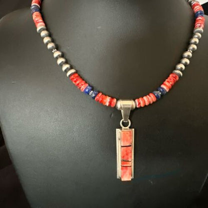 Navajo Pearls Sterling Silver Necklace | Lapis & Red Spiny Oyster Pendant | 17051