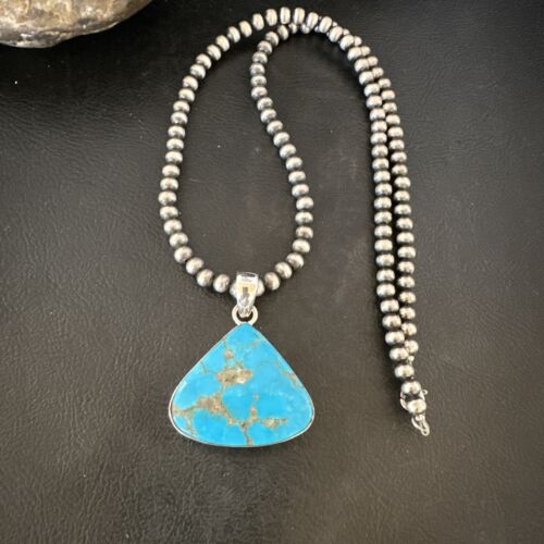 Navajo Blue Kingman Turquoise Pendant Necklace | Sterling Silver | 20" | Authentic Native American Handmade | 17002