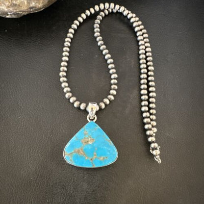 Navajo Blue Kingman Turquoise Pendant Necklace | Sterling Silver | 20" | Authentic Native American Handmade | 17002