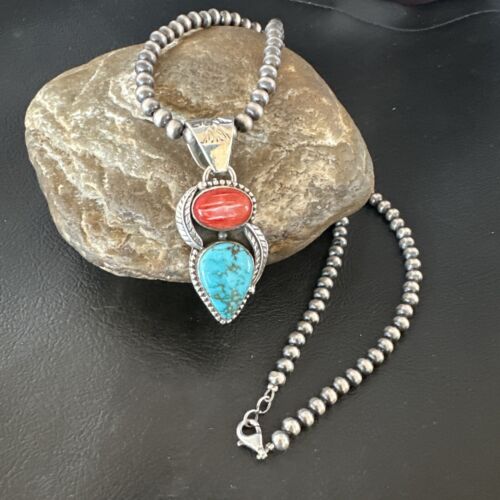 Navajo Blue Turquoise Red Spiny Oyster Pendant Necklace | Sterling Silver | Multi-Stone | 16291