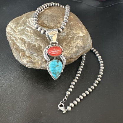 Navajo Blue Turquoise Red Spiny Oyster Pendant Necklace | Sterling Silver | Multi-Stone | 16291