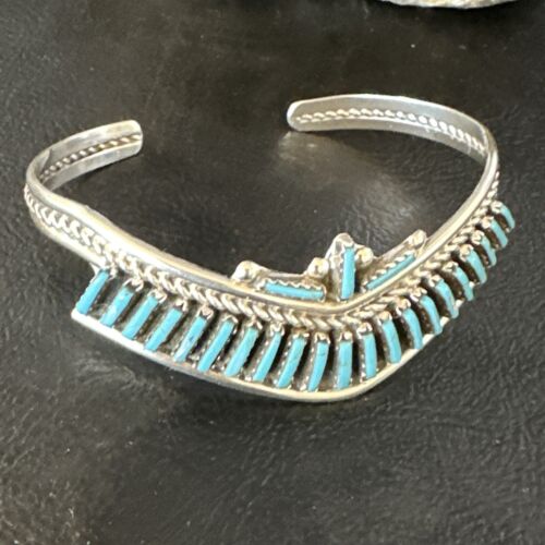 Native American Zuni Blue Turquoise Needle Point Cluster Cuff Bracelet | Sterling Silver | Handmade Southwestern Jewelry | 15068