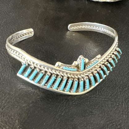Native American Zuni Blue Turquoise Needle Point Cluster Cuff Bracelet | Sterling Silver | Handmade Southwestern Jewelry | 15068
