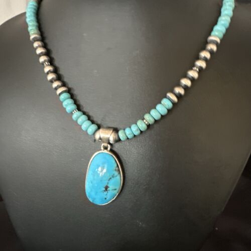 Navajo Blue Kingman Turquoise Pendant Necklace | Sterling Silver | 21" | Authentic Native American Handmade | 17087