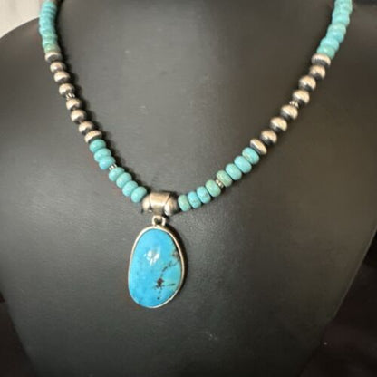 Navajo Blue Kingman Turquoise Pendant Necklace | Sterling Silver | 21" | Authentic Native American Handmade | 17087