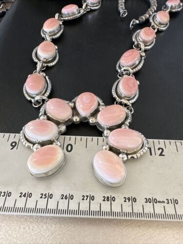 Navajo Pink Conch Squash Blossom Necklace with Naja Pendant | Authentic Native American Handmade | 15897