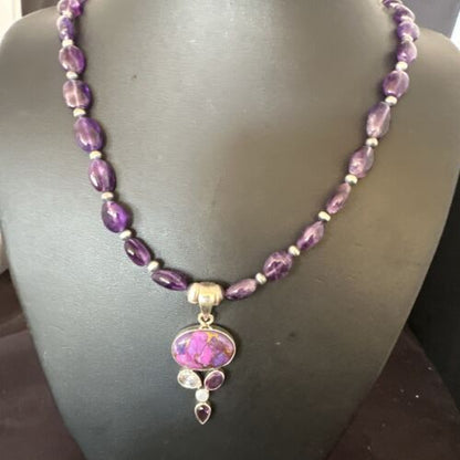 Mojave Turquoise Amethyst Pendant Necklace | Navajo Pearls | Sterling Silver | Native American Handmade | 16097