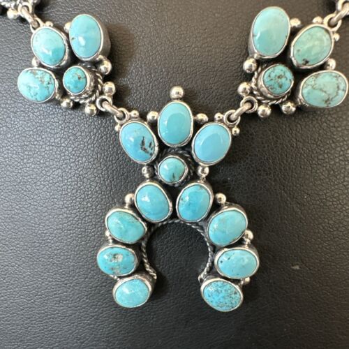 Navajo Blue Kingman Turquoise Squash Blossom Necklace | Sterling Silver | 16828