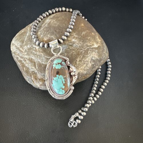 Navajo Blue Turquoise #8 Pendant | Sterling Silver Pearls Necklace | Authentic Native American Handmade | 15502