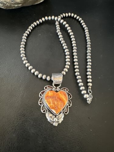 Navajo Orange Spiny Oyster Heart Pendant Necklace | Sterling Silver | Authentic Native American Handmade | 16418