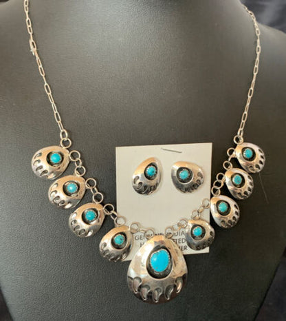 Navajo Blue Turquoise Bear Paw Shadow Box Necklace & Earring Set | Sterling Silver | Authentic Native American Handmade | 17466