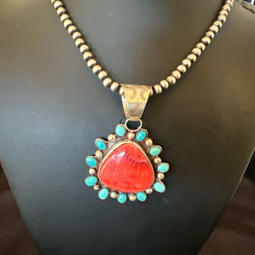 Navajo Blue Kingman Turquoise & Red Spiny Oyster Pendant | Sterling Silver | 17227