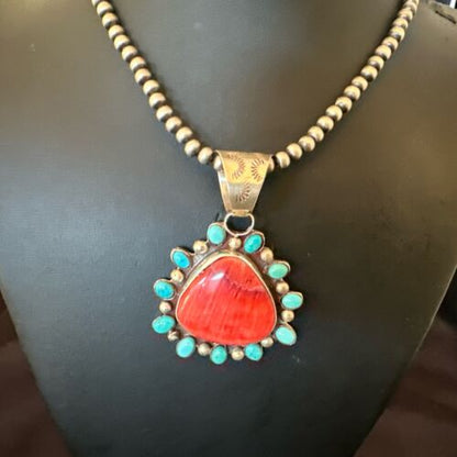 Navajo Blue Kingman Turquoise & Red Spiny Oyster Pendant | Sterling Silver | 17227