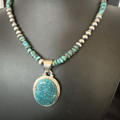 Men's Blue Spiderweb Turquoise Pendant Necklace | Navajo Sterling Silver | Authentic Native American Handmade | 17082