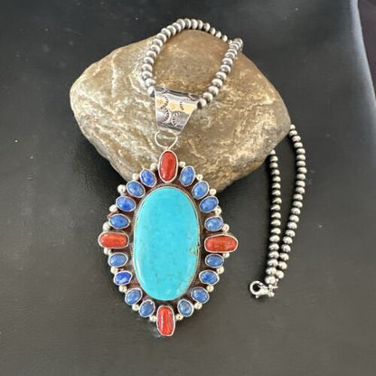 Navajo Blue Kingman Turquoise Coral Lapis Pendant Necklace | Sterling Silver | 17150