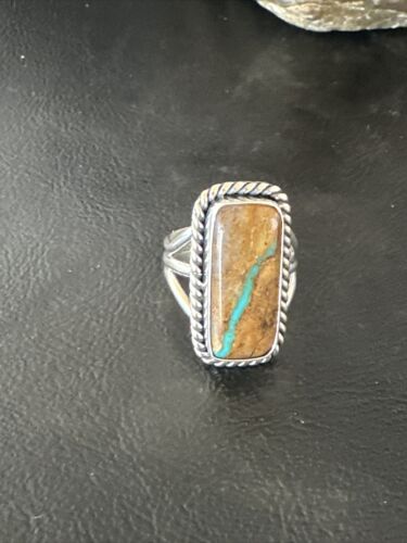 Navajo Ribbon Boulder Green Turquoise Ring | Sterling Silver | Sz 8.5 | Authentic Native American Handmade | 16386