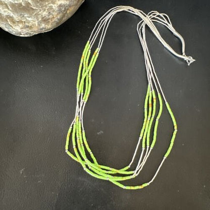 Navajo Green Gaspeite Heishi Bead Necklace | 5-Strand Stabilized Sterling Silver | 20" | 02941