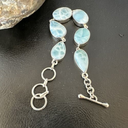 Navajo Blue Larimar Link Bracelet | Sterling Silver | 8" | Authentic Native American Handmade | 16074