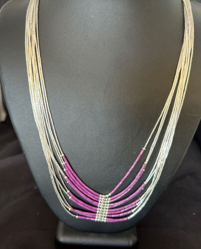 Navajo Sugilite 10-Strand Sterling Liquid Silver Tube Heishi Necklace 22" | Handmade | 16318
