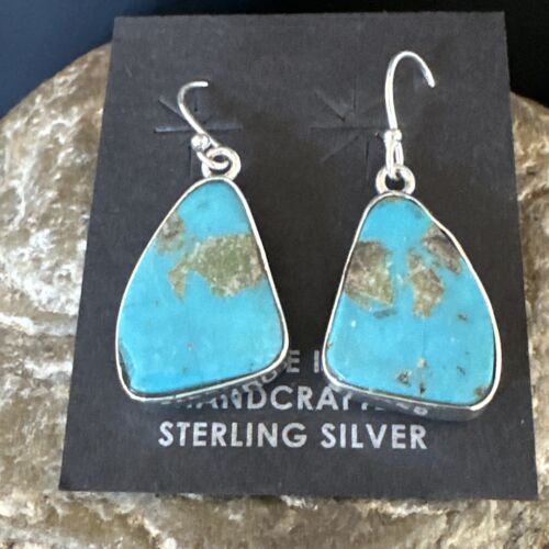 Navajo Blue Turquoise Dangle Earrings | Sterling Silver | Authentic Native American Handmade | 15438