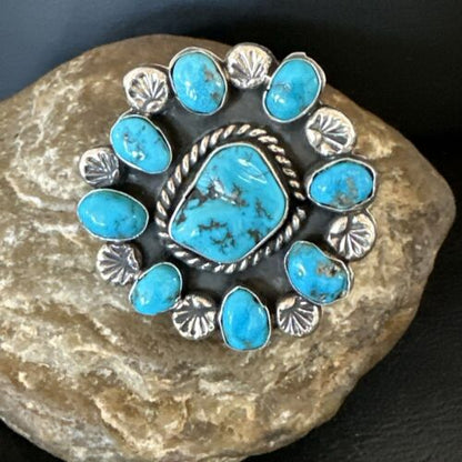 Navajo Blue Kingman Turquoise Cluster Ring | Authentic Native American Sterling Silver | Multi-Stone | Sz 10.5 | 17423