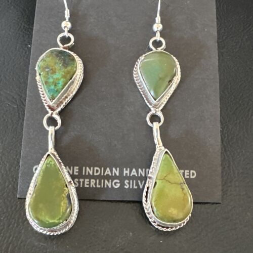 Navajo Green Royston Turquoise Dangle Earrings | Sterling Silver | Authentic Native American Handmade | 16490 - Masha USA