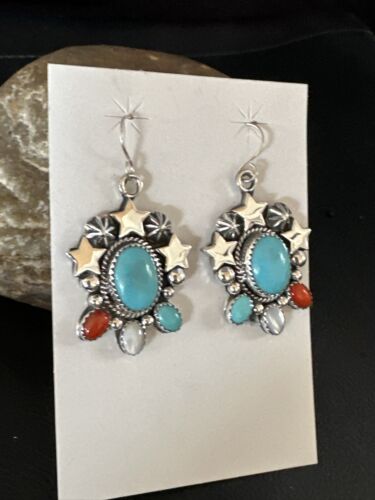 Navajo Coral Mother of Pearl Turquoise Sterling Silver Earrings | July Fourth | Handmade 15330