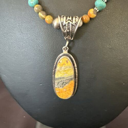 Navajo BumbleBee Jasper Pendant with Pearls | Sterling Silver Necklace | Authentic Native American Handmade | 16877